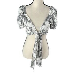 Free People White/Black  Tie Front Cropped Top 0 (XS) Puff Sleeve Boho